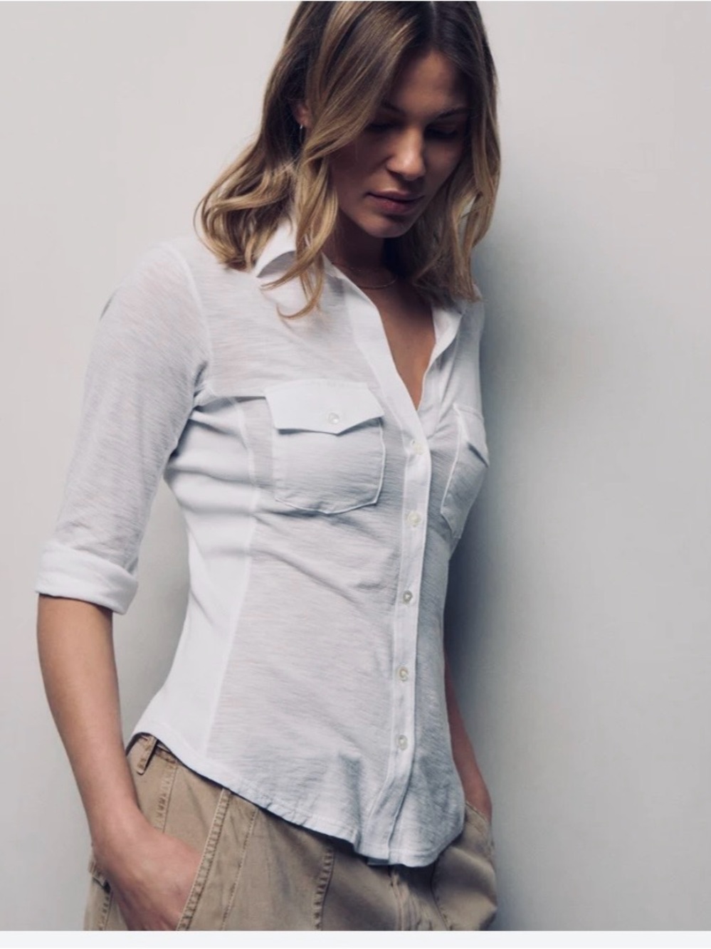James Perse Light Grey Button-Up Top-3/4 Roll tab Sleeve AU/1 US/S NWT Offers OK